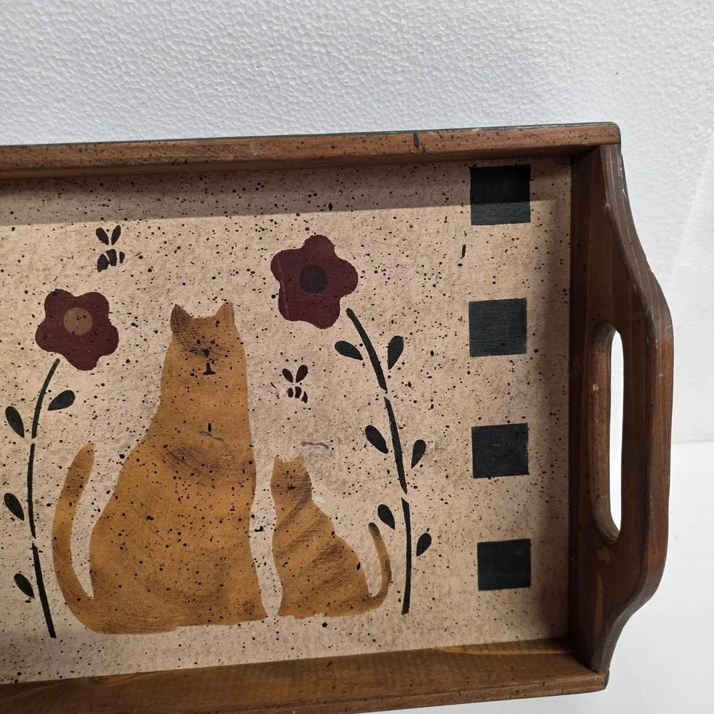Vintage Primitive Folk Art Wooden Cat Serving Tray Farmhouse Decor Hand Painted